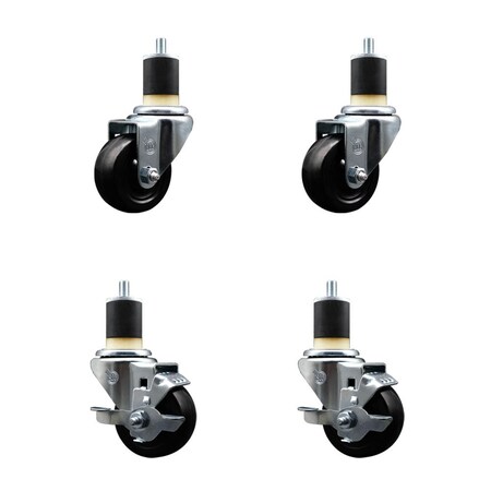 Service Caster 3'' SS Soft Rubber Wheel Swivel 1-7/8'' Expanding Stem Caster Set 2 Brakes, 4PK SCC-SSEX20S314-SRS-2-TLB-2-178
